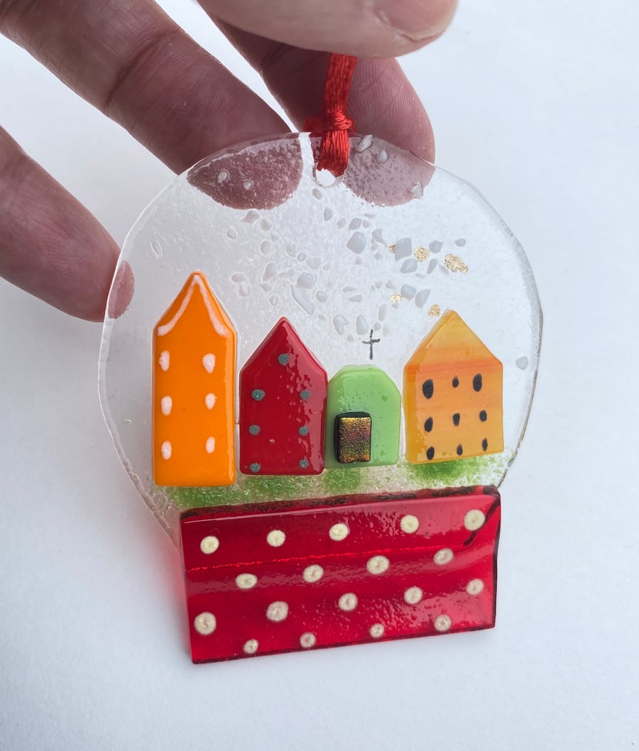 Fused glass snowglobe hanging houses 