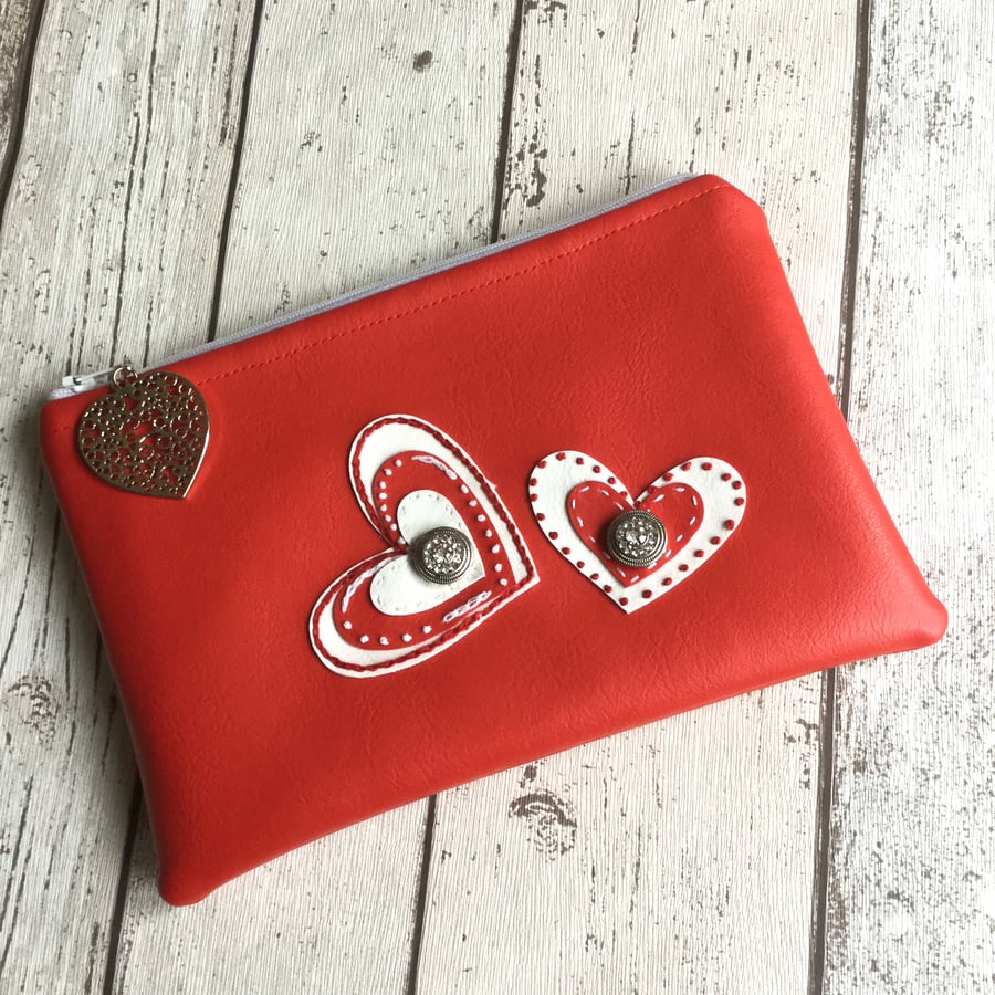 Red Faux Leather Heart Embellished Clutch Bag - Free P&P