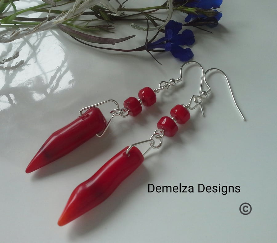 Statement Eco Red Hot Toothed Coral Earrings Sterling Silver