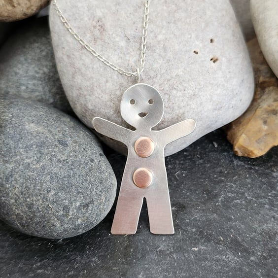 Gingerbreadman pendant in sterling silver with copper