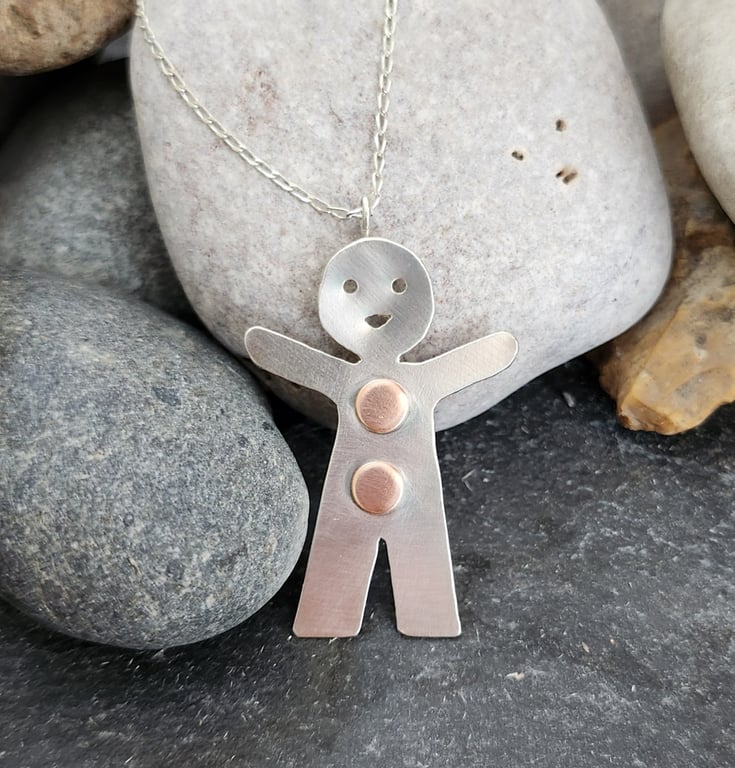Gingerbreadman pendant in sterling silver with copper