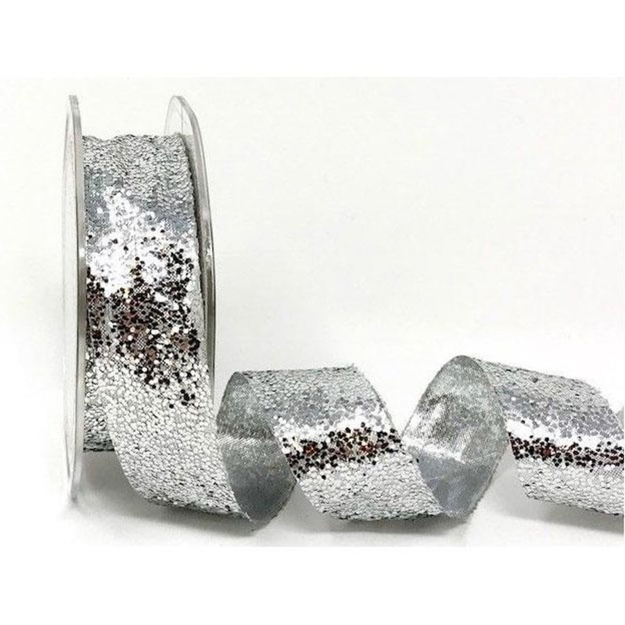 Silver crystal glitter satin ribbon x 2 metres 