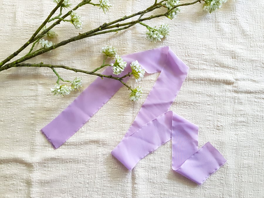 Lilac 100% silk crepe de chine ribbon with raw edge