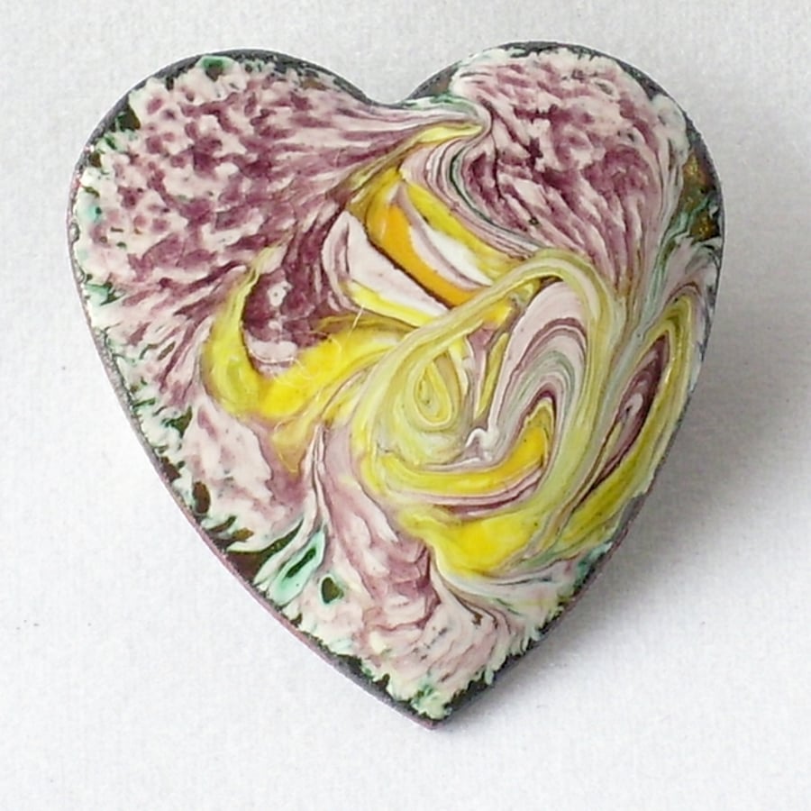 brooch - heart, scrolled yellow and gold on purple over white