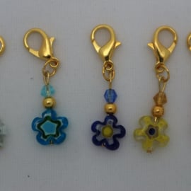 Crochet stitch markers - gold and millefiori beads in bright colours x5