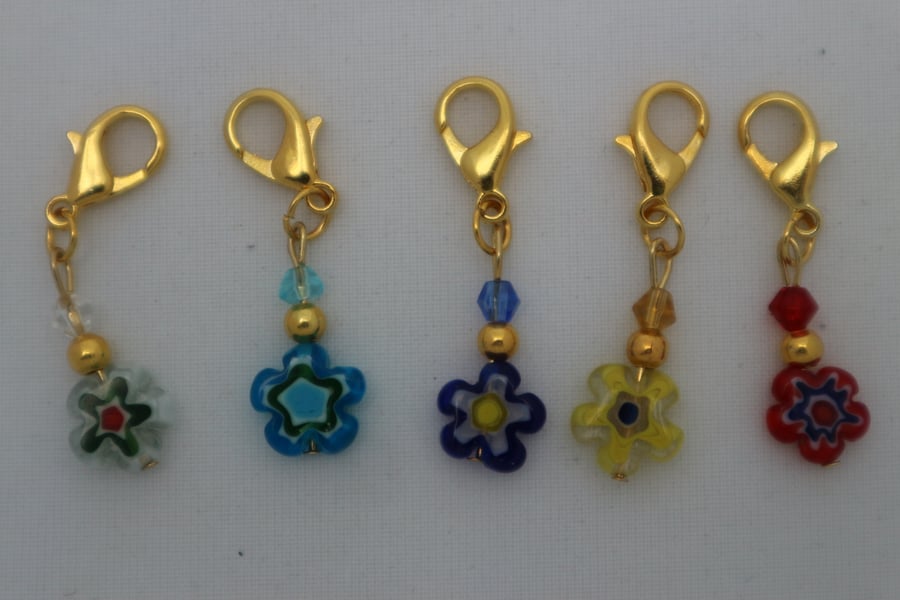 Crochet stitch markers - gold and millefiori beads in bright colours x5