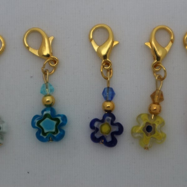 Crochet stitch markers - gold and millefiori beads in bright colours x5