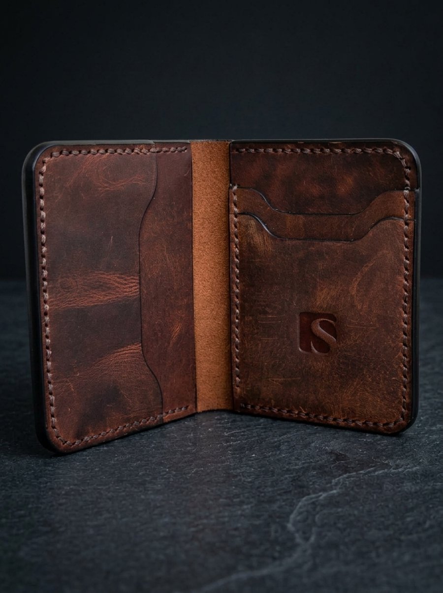 Mahogany Chestnut Full Grain Leather Mini Wallet Compact Bifold Handmade UK