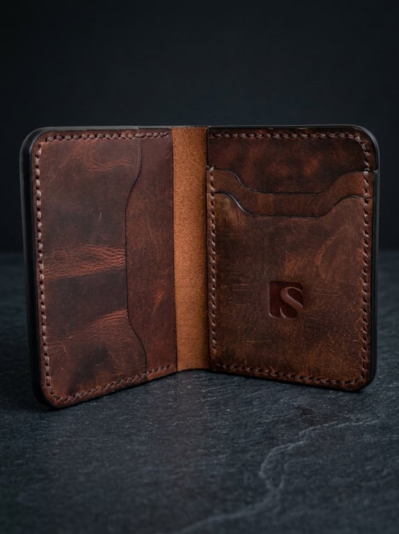 Mahogany Chestnut Full Grain Leather Mini Wallet Compact Bifold Handmade UK