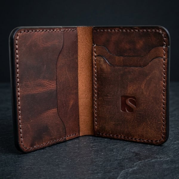 Mahogany Chestnut Full Grain Leather Mini Wallet Compact Bifold Handmade UK