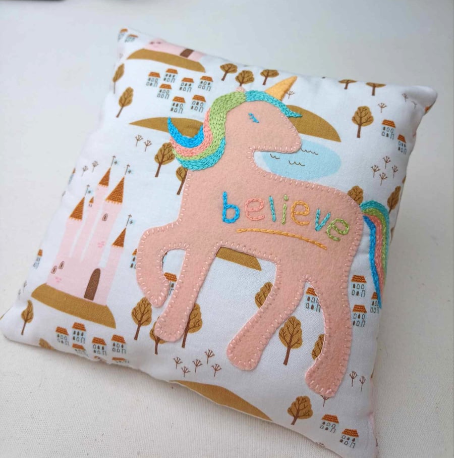 Unicorn mini cushion - appliqued embroidered felt, can be personalised 