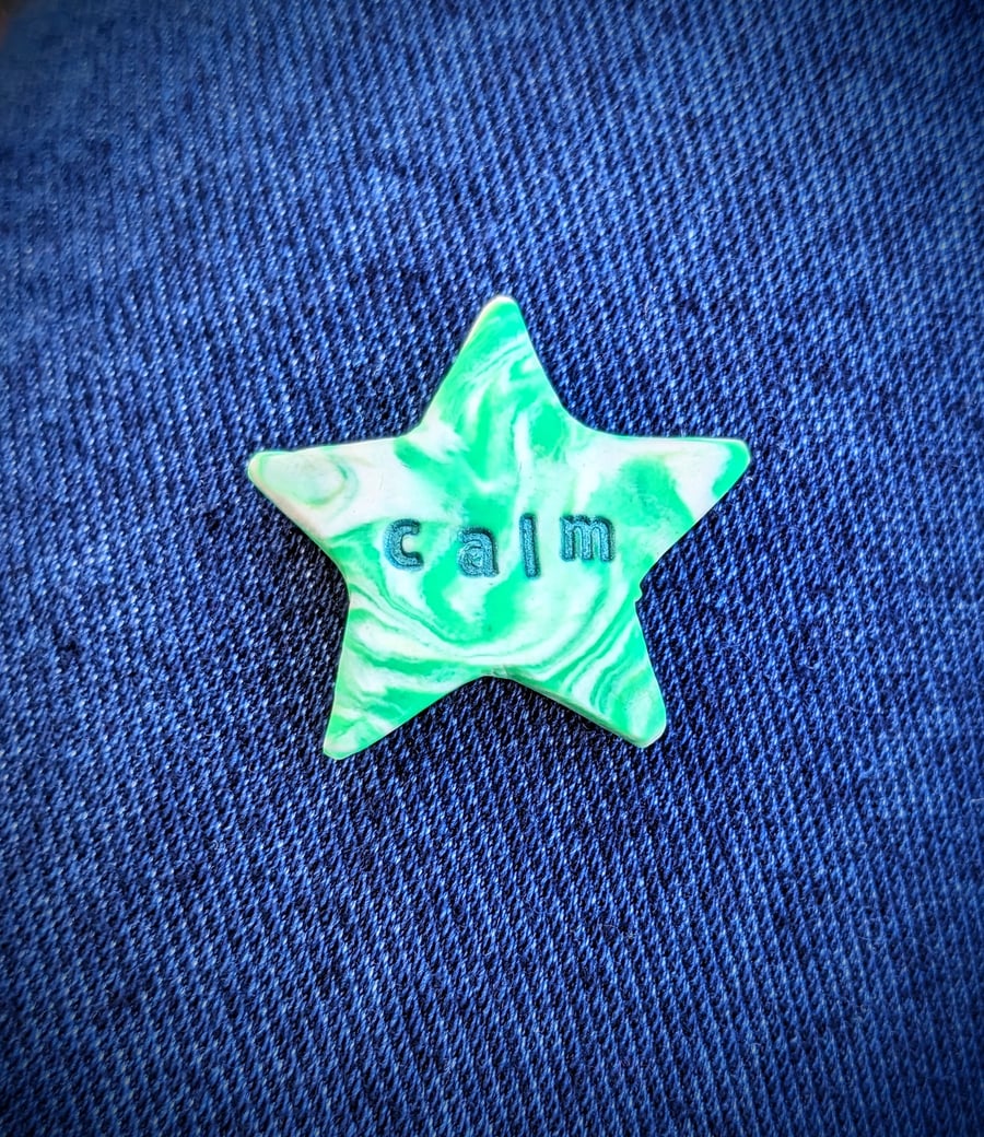 Affirmation Star - calm, green and white - pocket token stone or badge