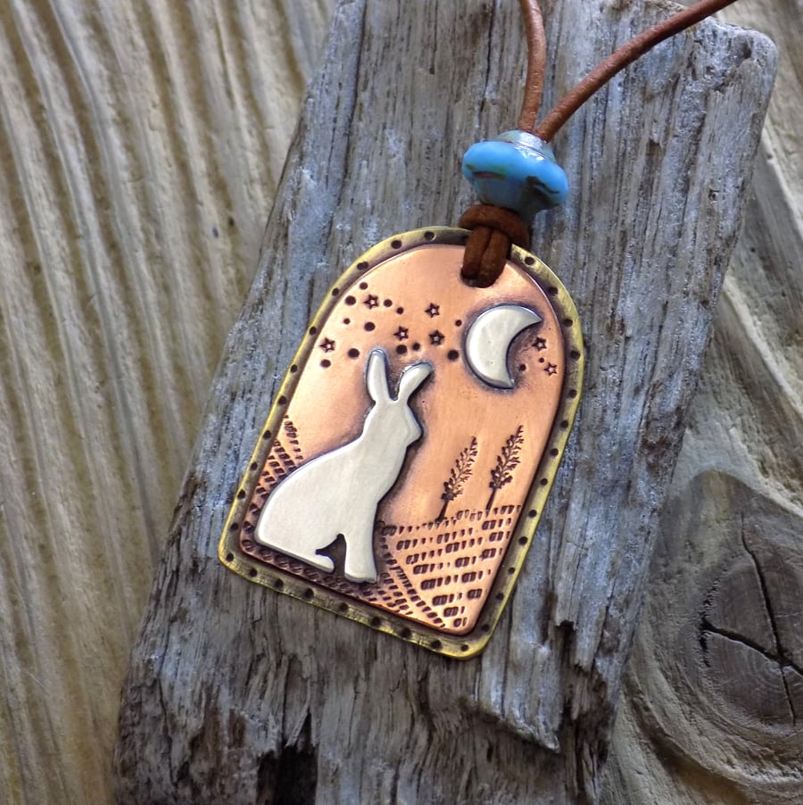 Copper and silver 'moon gazing hare' mixed metals pendant 