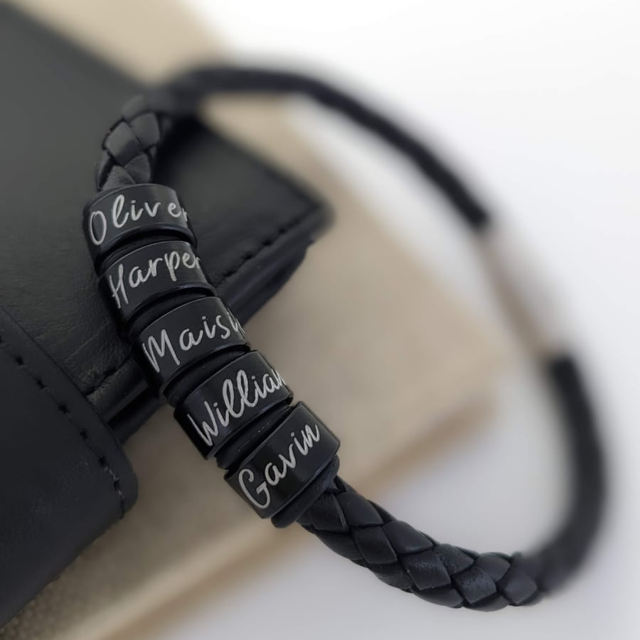 Mens lather bracelet with personalised rings, Birthday gift for him