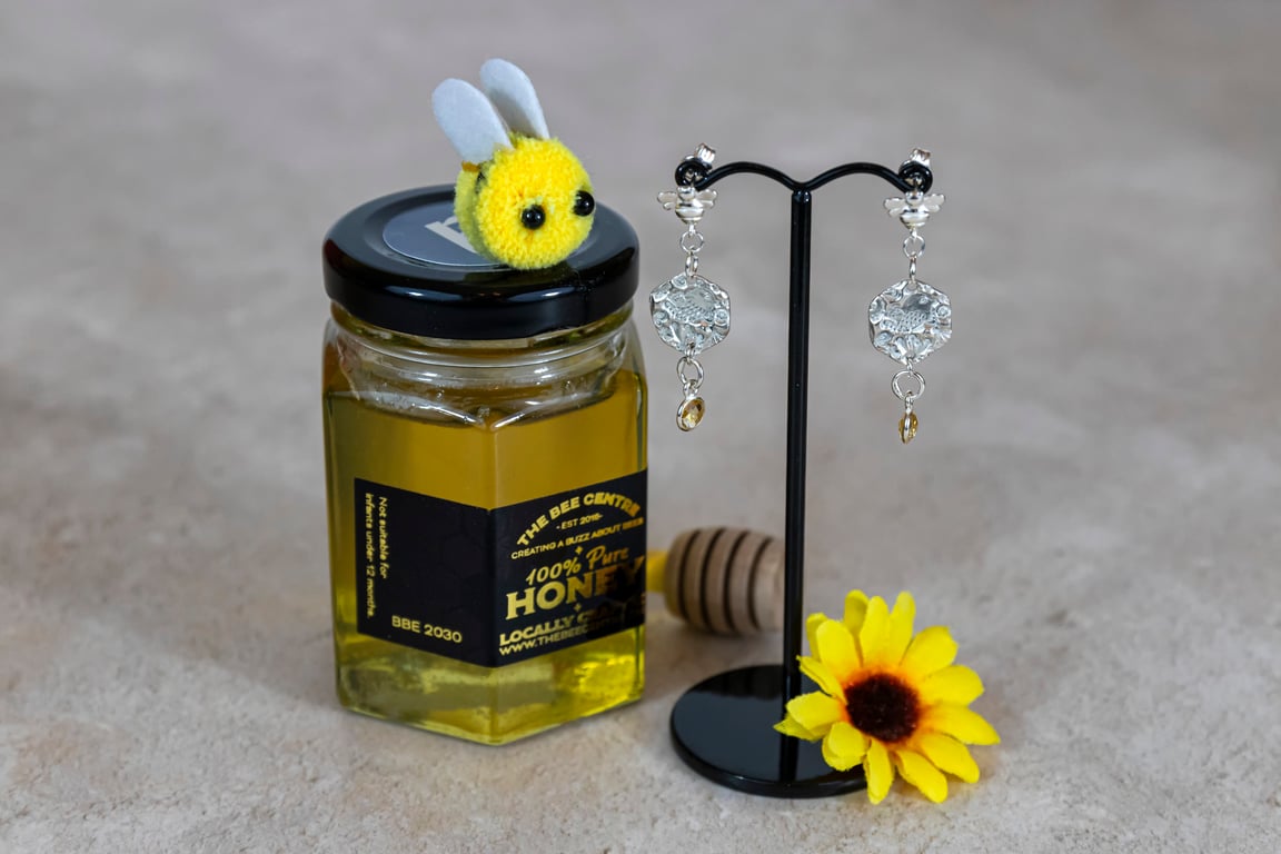 Silver bird and bee earrings with citrine gemstones 