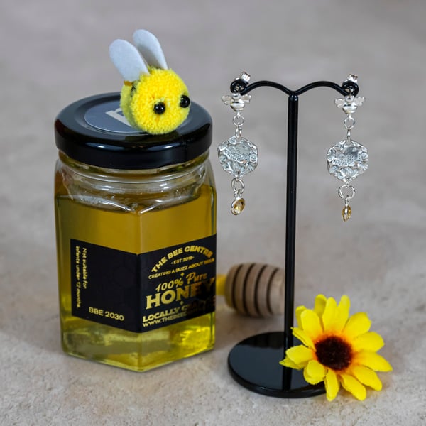 Silver bird and bee earrings with citrine gemstones 