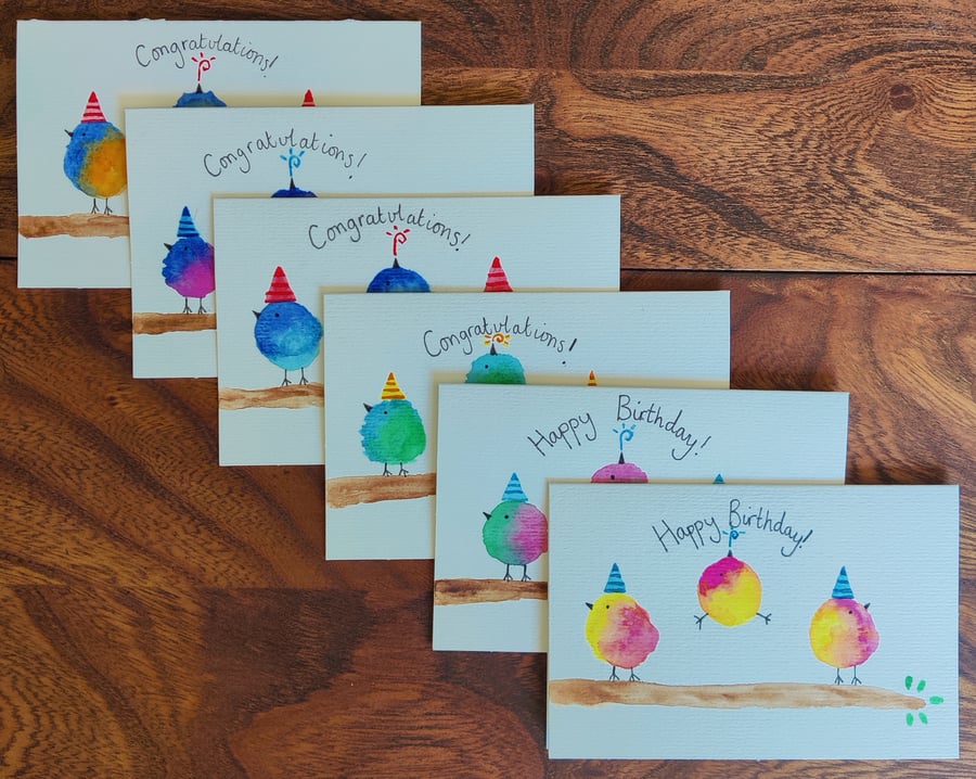 Original Hand-Painted Bird Card Set of 3 or 6, Colour Choice, Personalisation