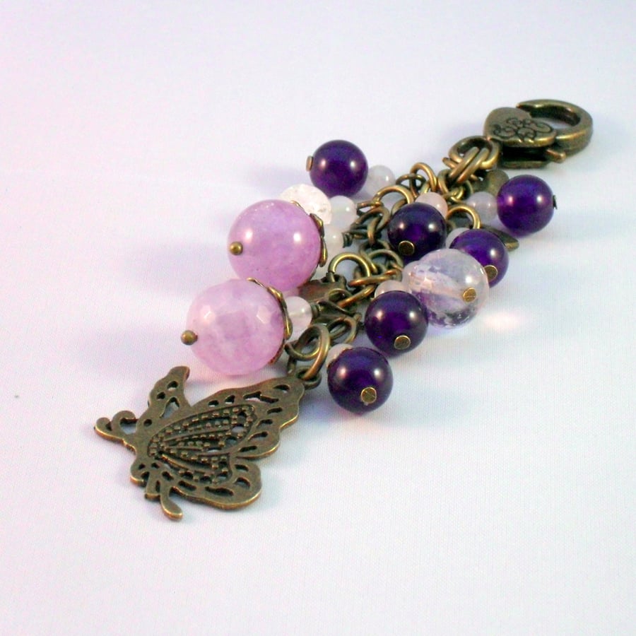 Bag Charm With Purple Gemstones and Butterfly Charm