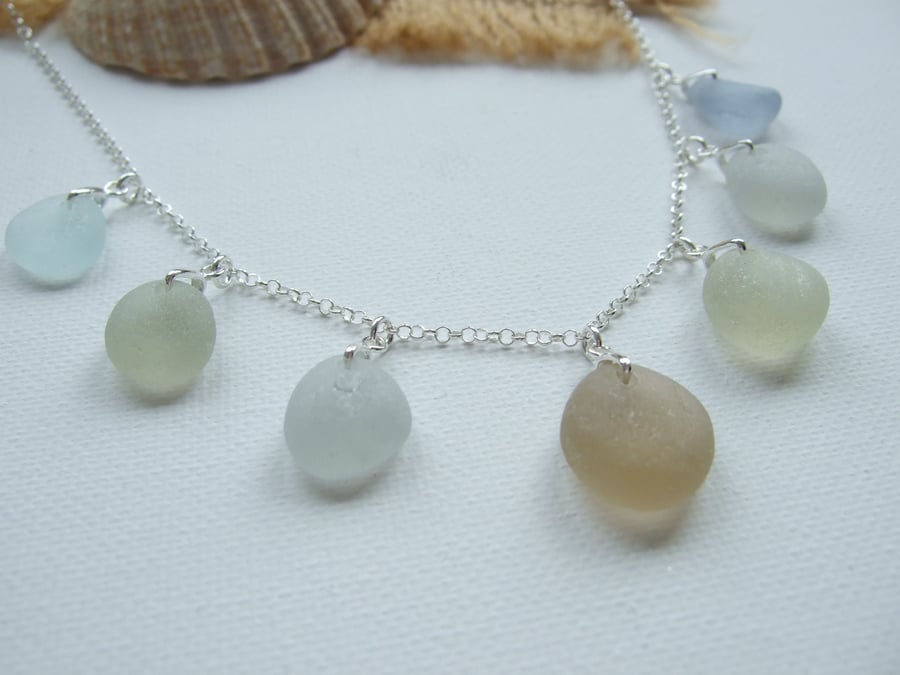 Seaham Sea Glass Necklace, Champagne Grey Multi Pendants 18" Sterling