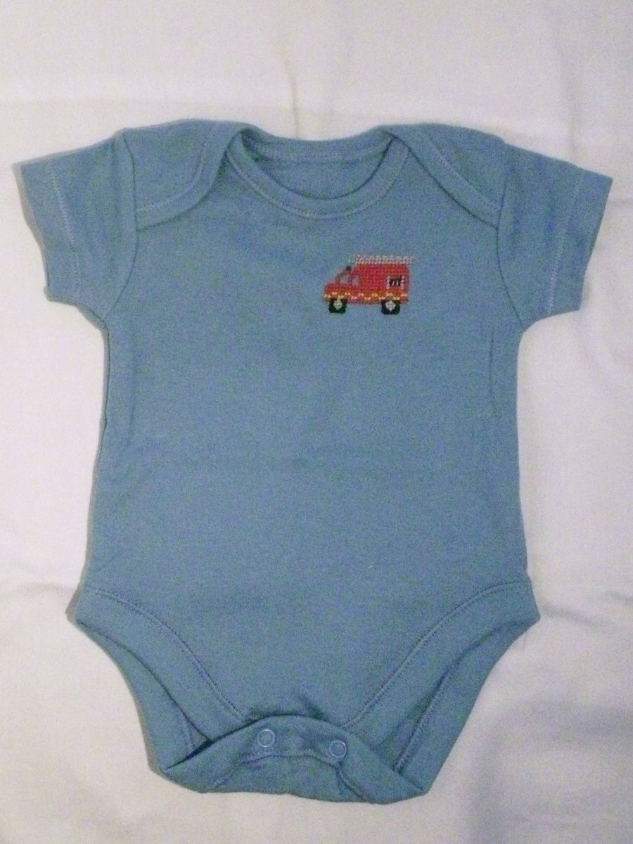Fire Engine, Baby Vest, age 0-3 months, hand embroidered