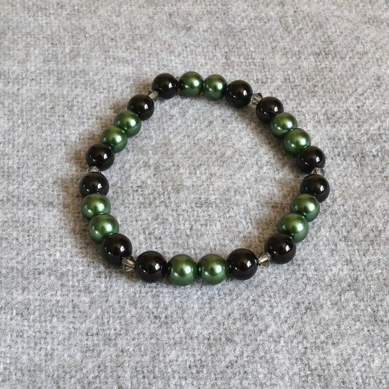 Dark Green Glass Pearl & Black Glass Bead Elastic Bracelet, with Smoky Crystals