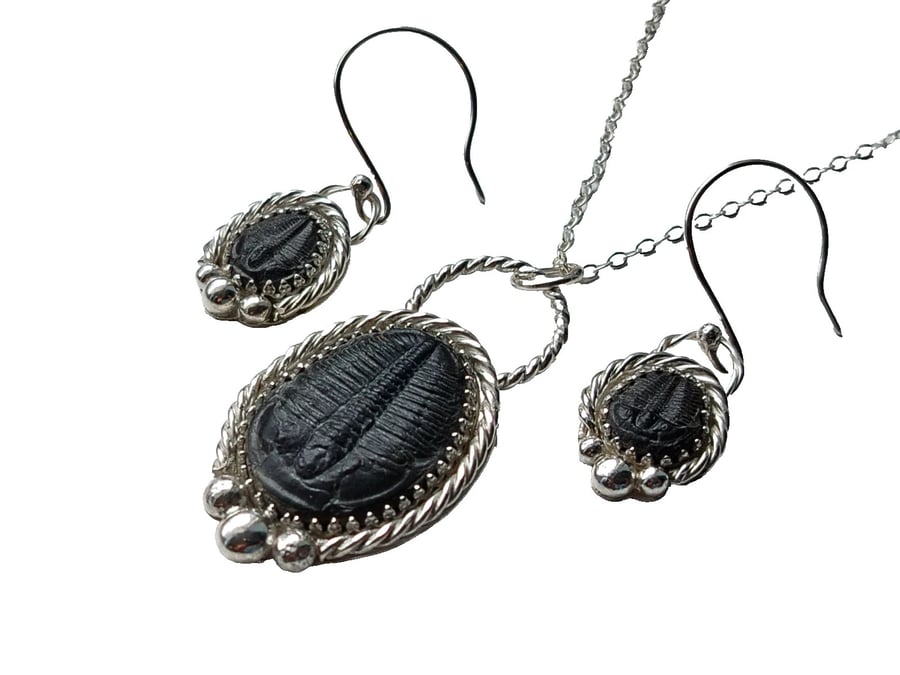 Necklace Earrings Trilobite Fossils Jewellery Gift Set Recycled Sterling 925