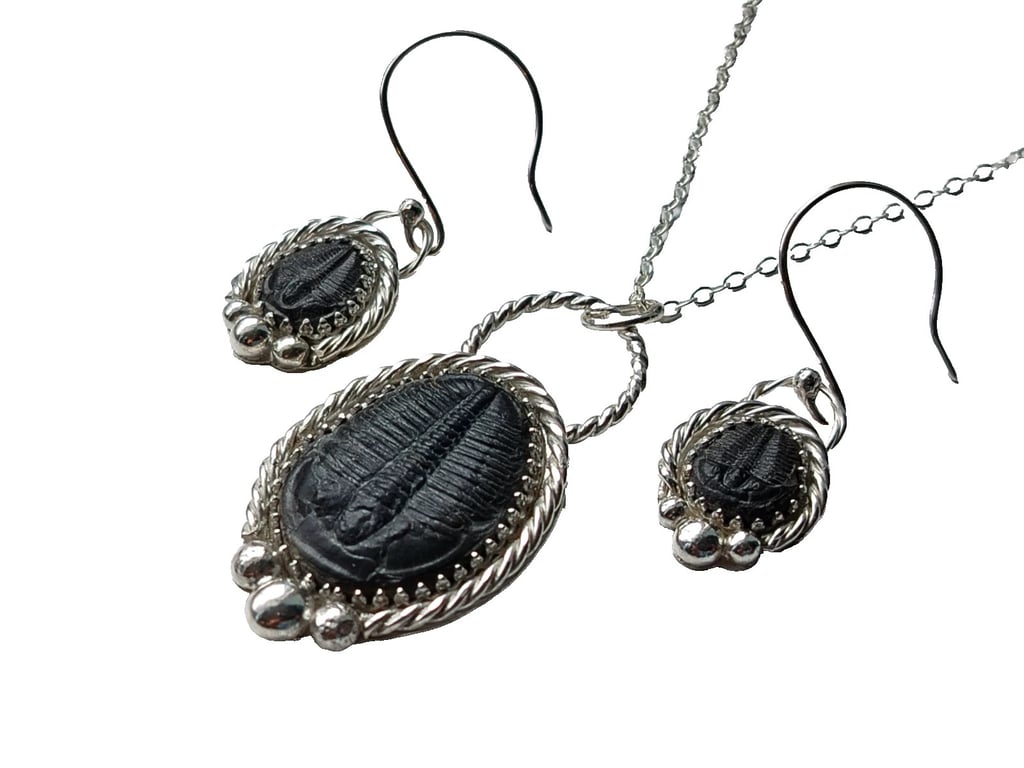 Necklace Earrings Trilobite Fossils Jewellery Gift Set Recycled Sterling 925