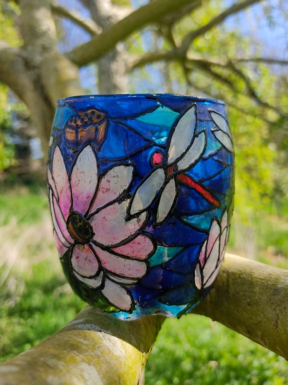 Stained glass effect painted candle holder with dragonflies and water lillies
