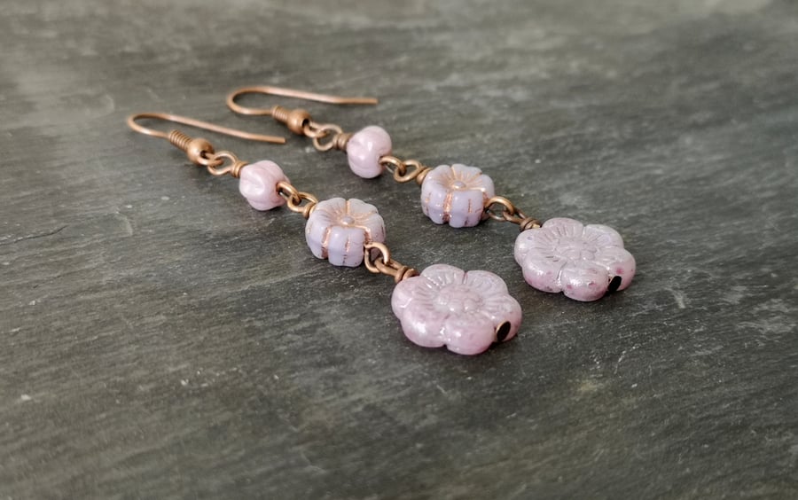 Lilac flower drop earrings with copper ear wires 