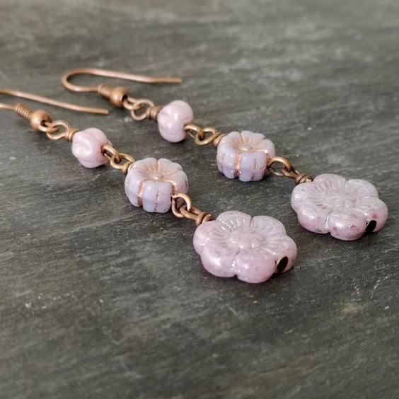 Lilac flower drop earrings with copper ear wires 