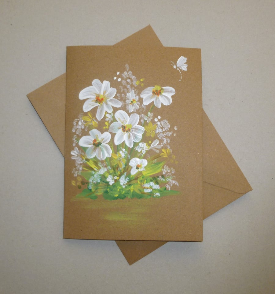 hand painted original art painting daisy greetings card ( ref F 848 C7 )
