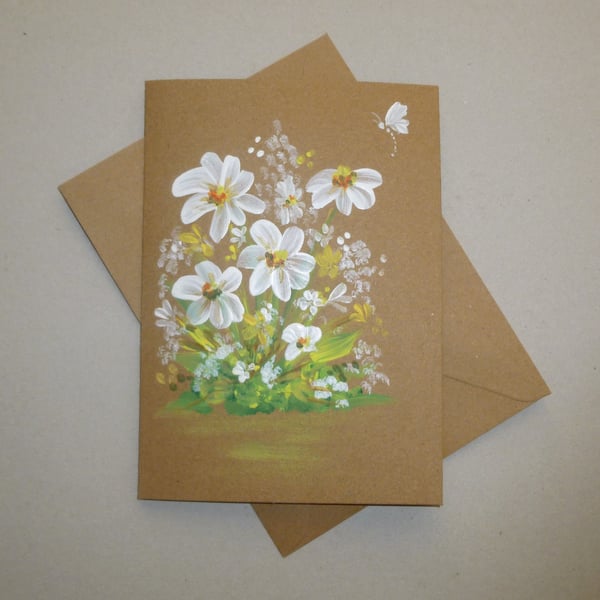 hand painted original art painting daisy greetings card ( ref F 848 C7 )