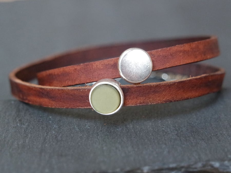 Leather wrap bracelet - olive silver brown