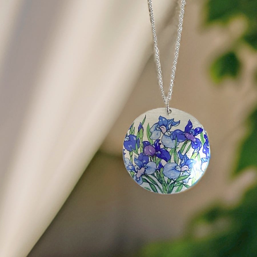 Blue violet iris flowers necklace, 32mm pendant on a fine chain (727b)