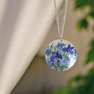 Blue iris necklace, 32mm disc pendant on a fine chain. Flowers jewellery (727b)