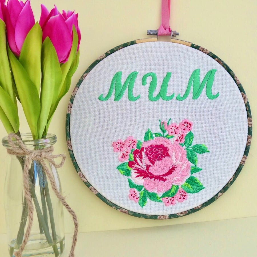 Embroidered Hoop Decoration: Embroidered Mum & Rose design 8” (20cm)