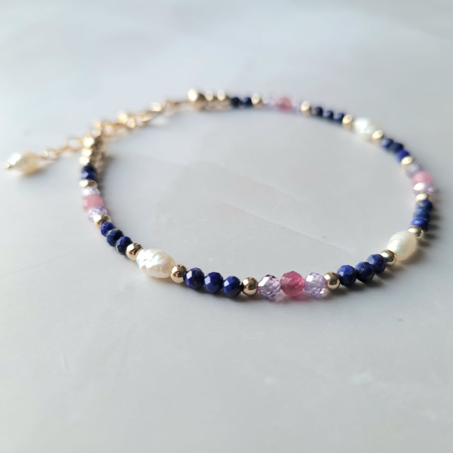 Beaded Gemstone Bracelet with Pearls, Lapis Lazuli & Tourmaline 14kt Gold Filled