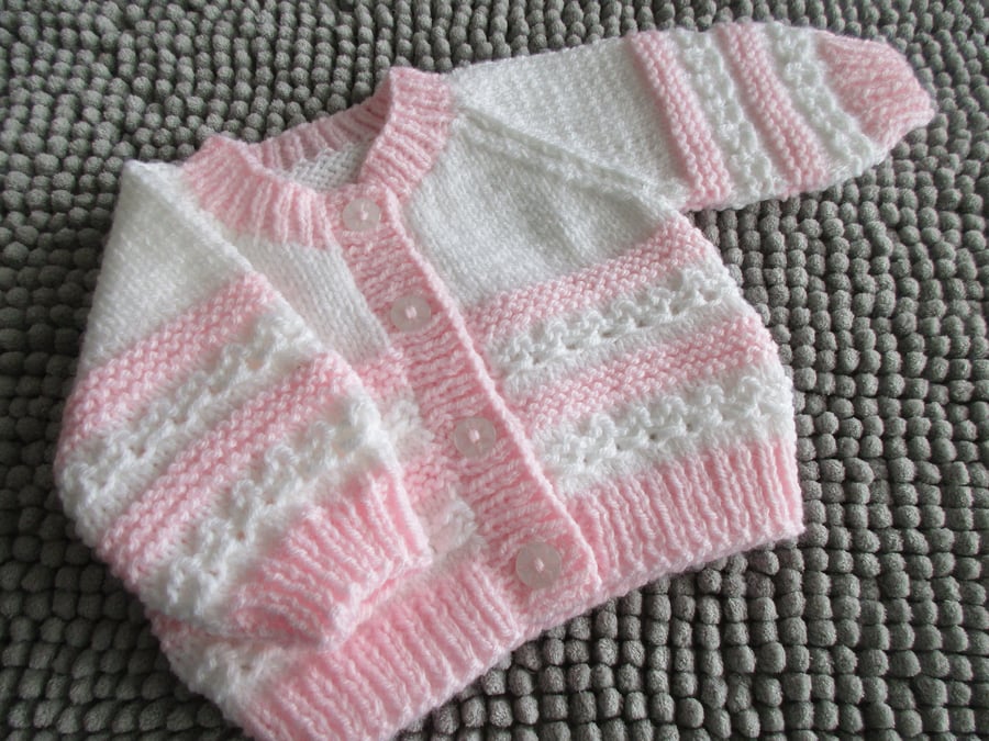 14" White & Pink Newborn Girls Round Neck Cardigan 