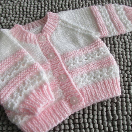 14" White & Pink Newborn Girls Round Neck Cardigan 
