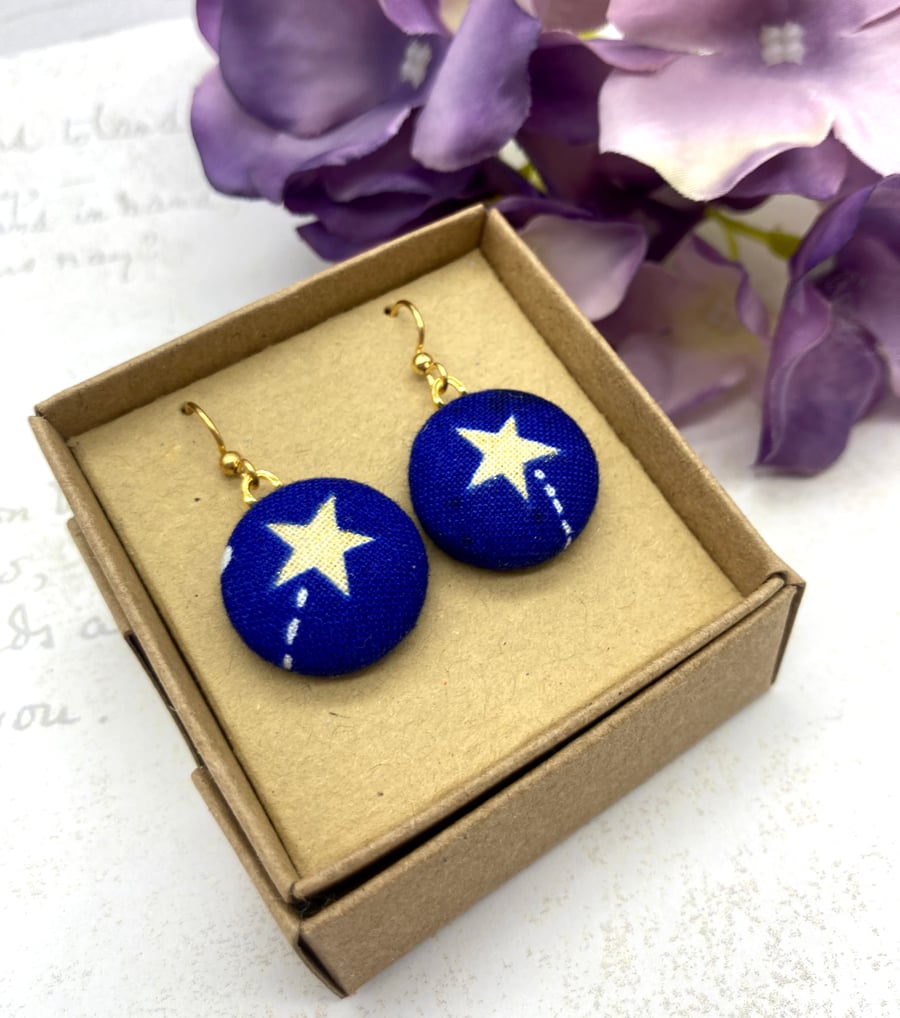 Gold shooting stars fabric button dangle earrings constellations astronomy lover