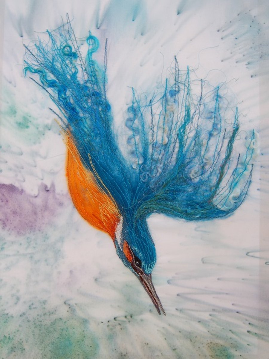 Kingfisher framed print, embroidered textile art