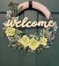 Sage Green Rose Welcome Wreath, Rustic Hessian and Lace Decoration, 38cm