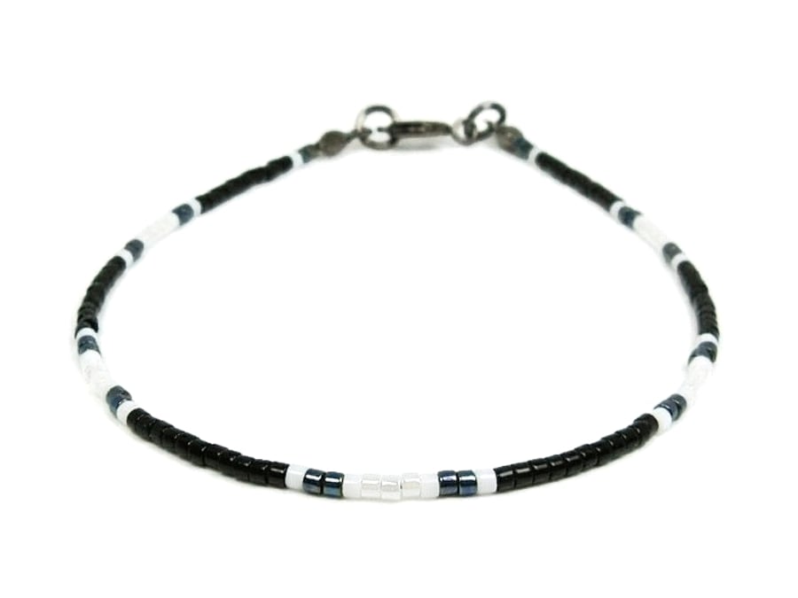 Black & White Tiny Seed Bead Surfer Anklet - Modern Monochrome Anklet - 9" - 14"