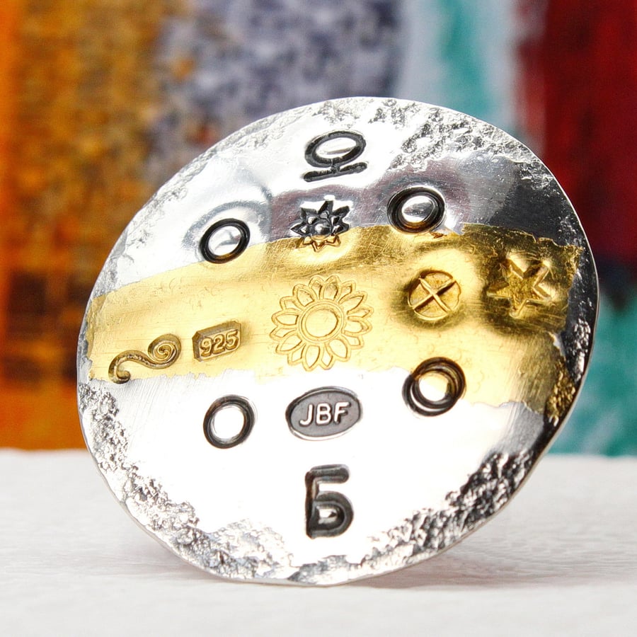 Contemporary handmade brooch, sterling silver and 24 carat gold, Keum boo