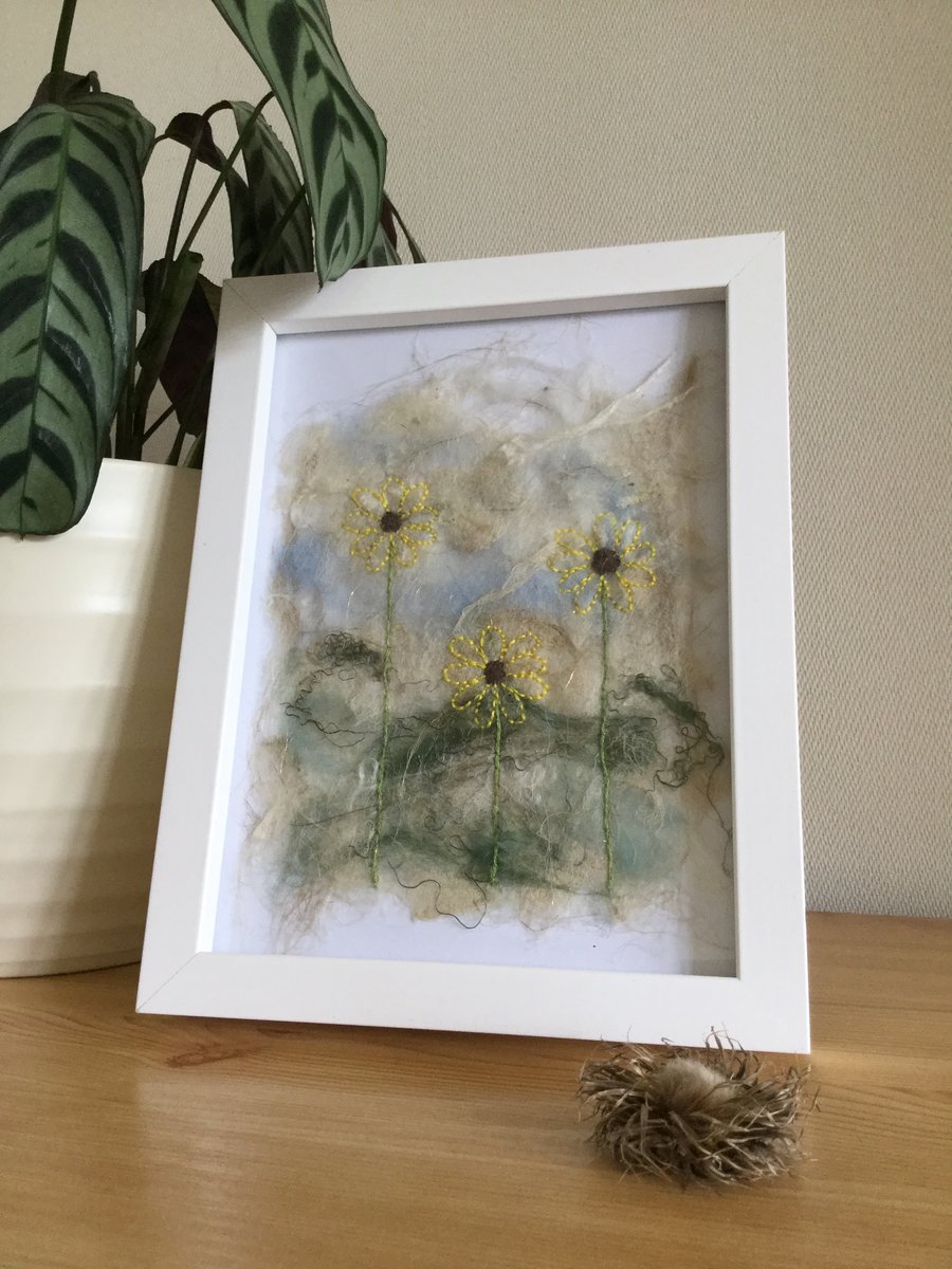 Sunflowers on handmade silk paper in large frame