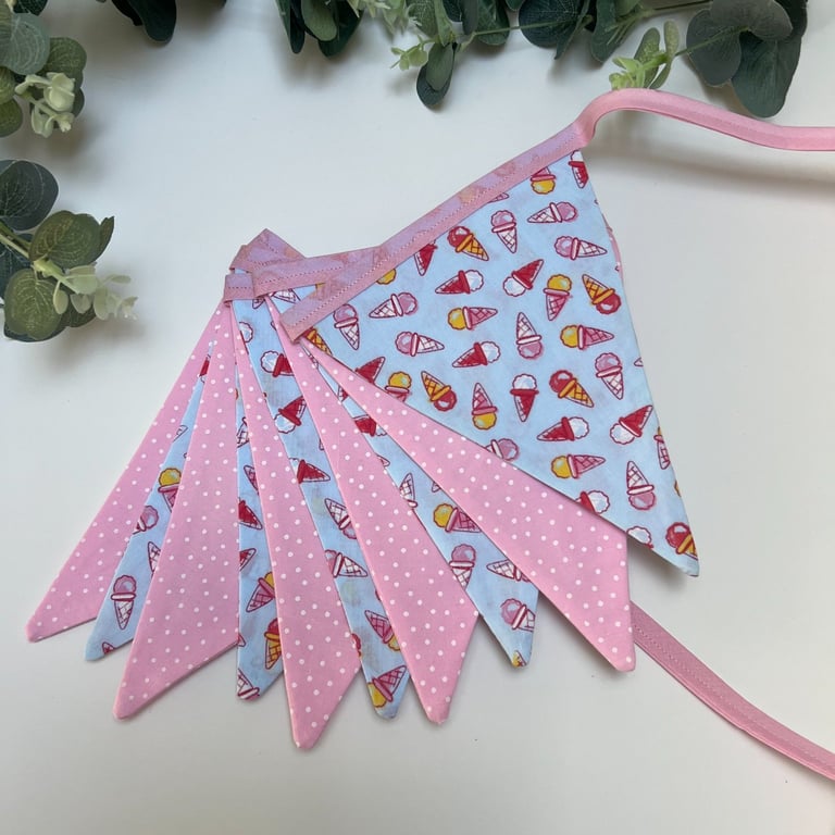 Handmade Fabric Bunting 10 Flags in Blue & Pink Ice Cream Cone Design