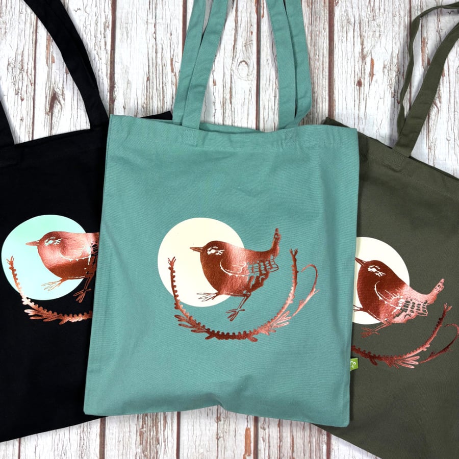 Organic Cotton bag biscuit shopper. Wren bird bag