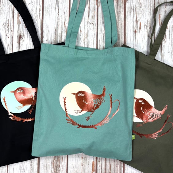 Organic Cotton bag biscuit shopper. Wren bird bag