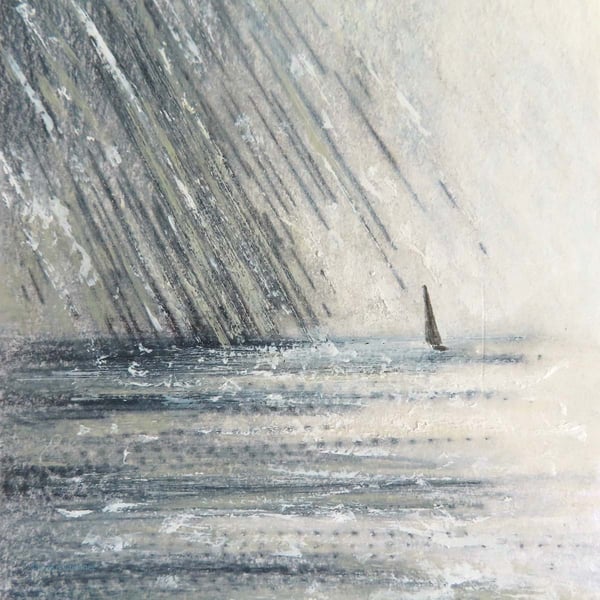 Sailing in the rain mixed media scene yacht at sea original art ready to frame