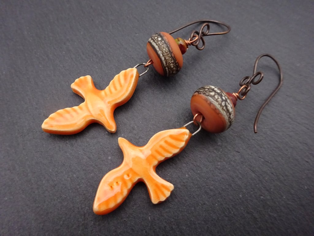 orange lampwork glass earrings, ceramic bird jewellery